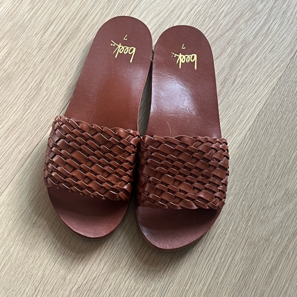 New! Beek Tan Leather Woven Slide Sandals Size 7